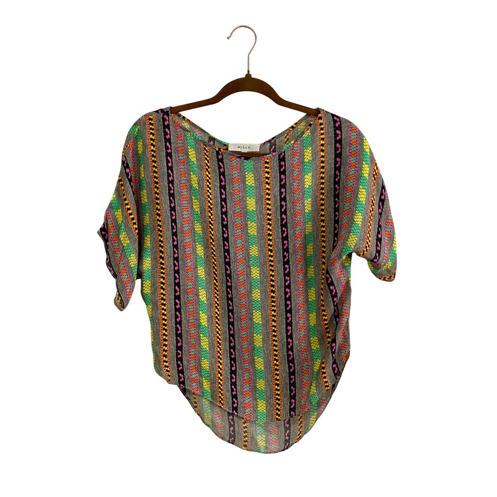 Milly NY Silk Striped Blouse Top P Neon Dopamine Chic Boho Festival Geometric